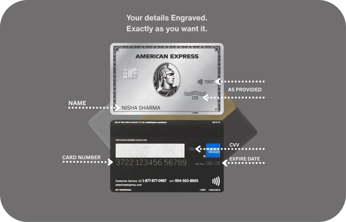 What is engraved on a Metacards signature metal card: name, number, expiry