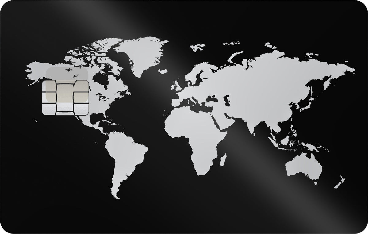 World Map Silver metal card in Glossy Black Silver