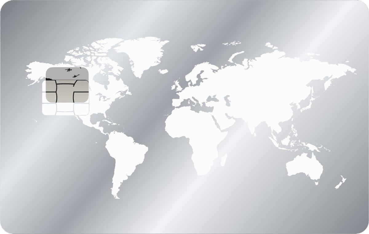 World Map Silver metal card in Glossy Silver