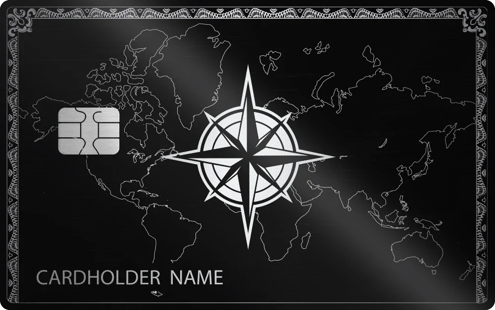Compass Navigator metal card in Glossy Black Silver, engraved stainless steel by Metacards